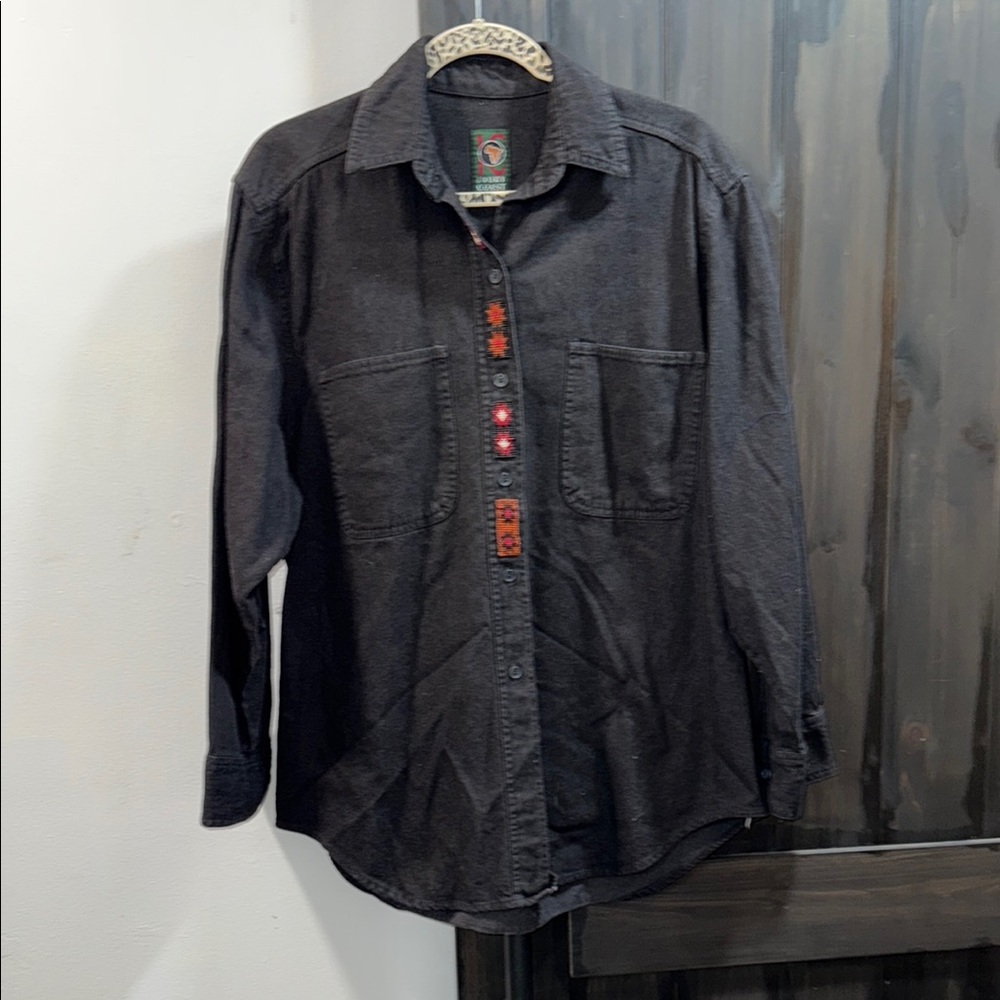 Men's Ivory Coast Black Button Down Shirt with Embroidered Accents